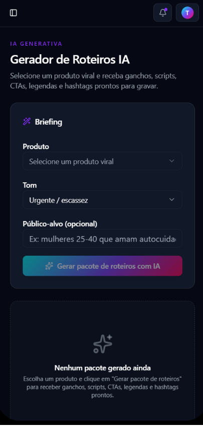 Gerador de roteiros com IA no CMV Radar no celular