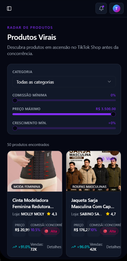 Lista de produtos virais no CMV Radar no celular